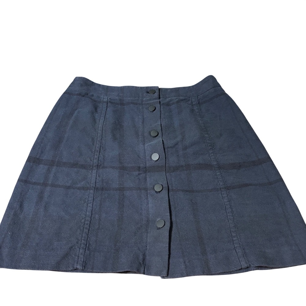 LOFT Skirt Womens 6 Navy Blue Button Front Plaid A-Line Cotton Mini